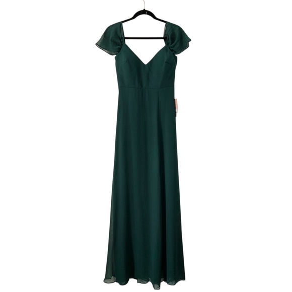 Birdy Grey Devin Chiffon Bridesmaid Gown Floor Length In Emerald NWT XS - Picture 3 of 12